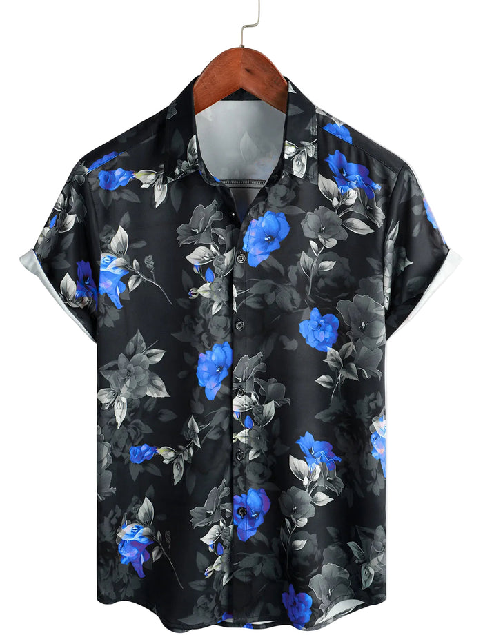 Men's Summer Cotton Shirt Blue with Flowers Short Sleeve with Buttons for Beach Vacation