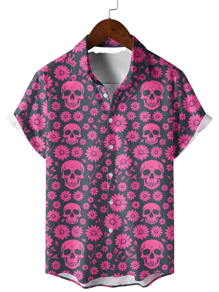 Men's Cotton Shirt for Summer with Pink Skull and Daisy Pattern, Short Sleeve and Buttons for Vacation