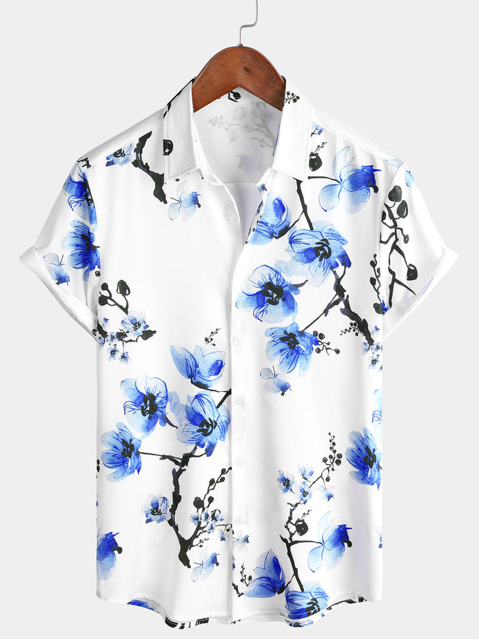 Casual Blue Floral Cherry Blossom Print Shirt, Short Sleeves