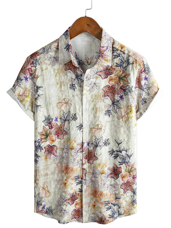 Men's Cotton Resort Short-Sleeve Shirt with Watercolor Botanical Pattern