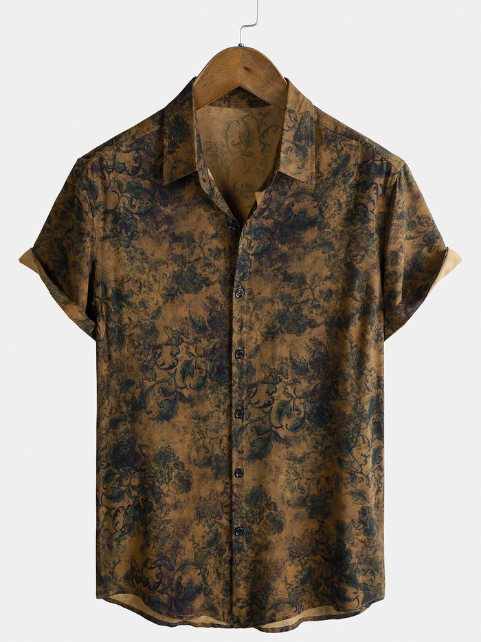 Bohemian Vintage Lightweight Island and Vacation Botanical Print Short Sleeve Shirt