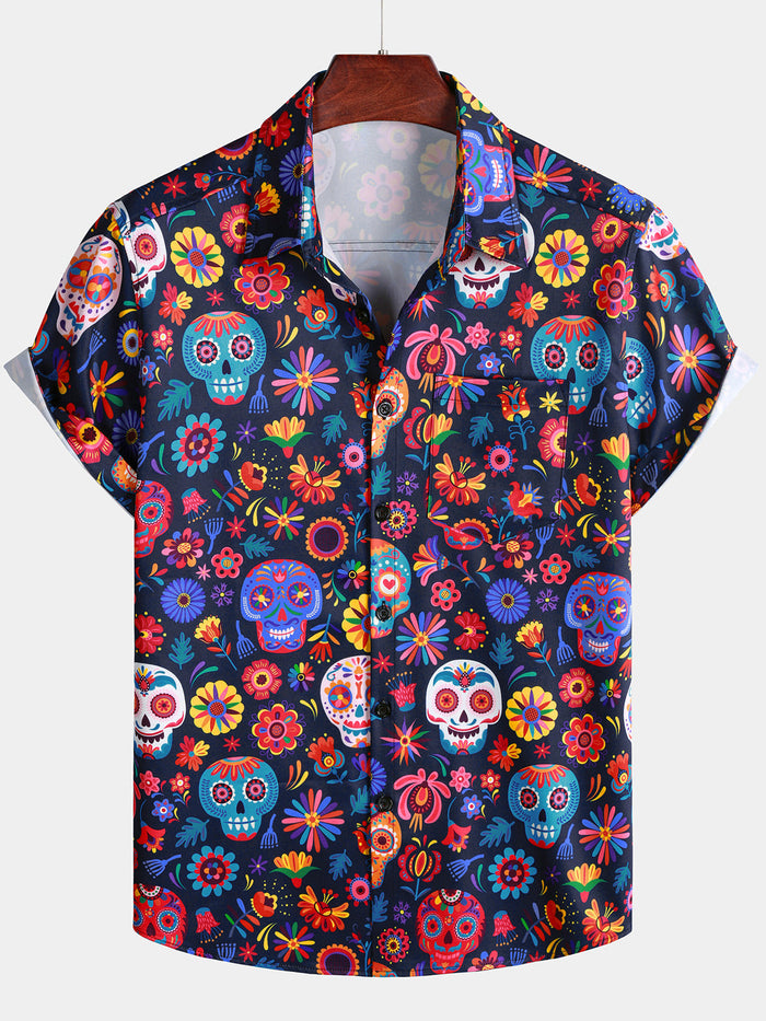 Hawaiian Skull Punk Rock Blue Retro Shirt