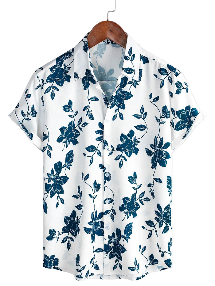 Men's Blue Cotton Shirt with Floral Pattern for Summer with Buttons and Short Sleeve