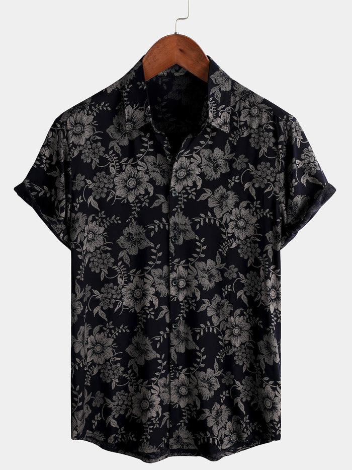Short-Sleeve Hawaiian Navy Floral Print Shirt