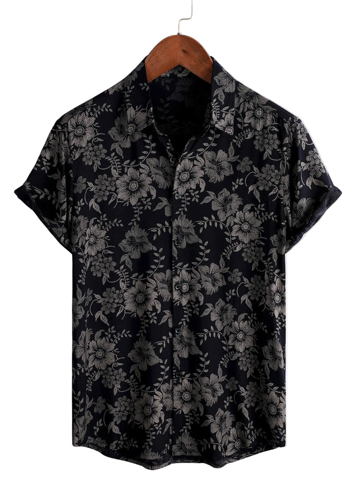 Men's Breathable Hawaiian-Style Short-Sleeve Shirt with Floral Pattern, Navy