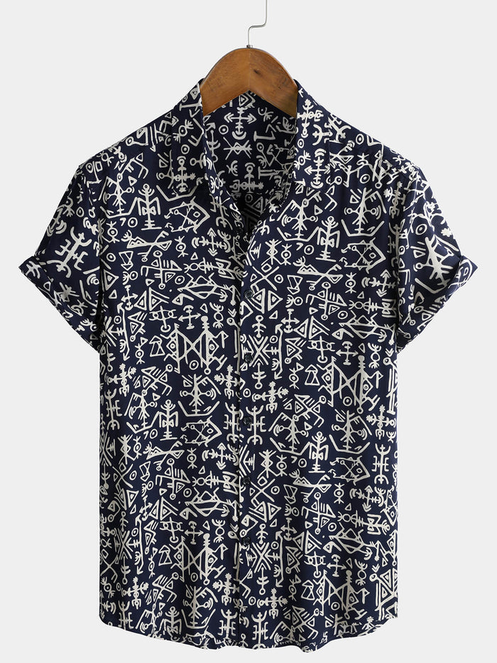 Short-Sleeve Tribal Symbol Navy Print Shirt