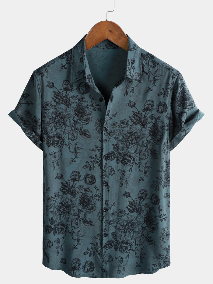Vintage Blue Floral Vacation Style Short Sleeve Shirt
