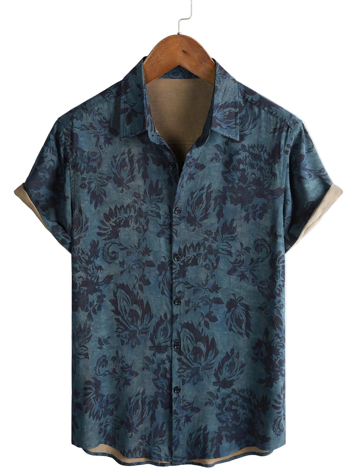 Boho Vintage Cotton Short Sleeve Shirt with Floral Pattern for Men