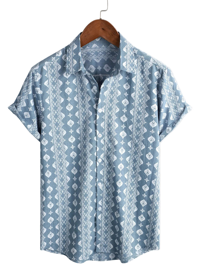 Retro Summer Cotton Shirt for Men, Short Sleeve, Striped