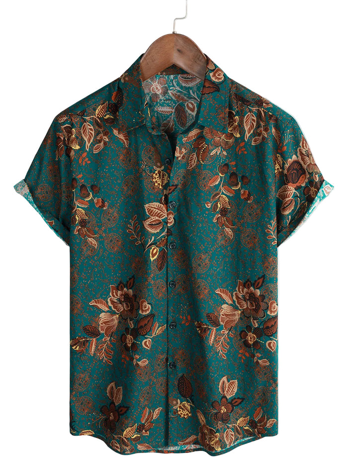 Men's Vintage Style Cotton Shirt for Vacation with Buttons and Short Sleeve
