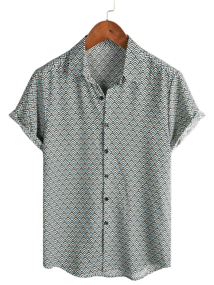 Men's Casual Vintage Geometric Cotton Shirt with Buttons Summer Retro Short Sleeve