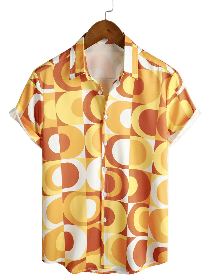 Retro Summer Men's Cotton Shirt, Buttons, Vintage Orange, Geometric, Disco, Beach, Cool, Short Sleeve
