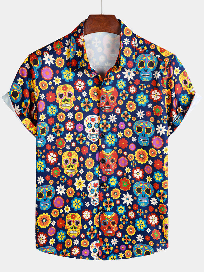 Sugar Skull Pattern Punk Rock Holiday Beach Short Sleeve Shirt