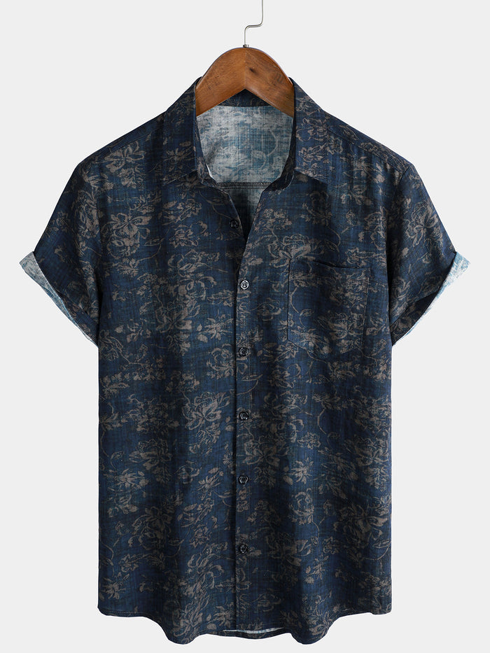 Short-Sleeve Summer Shirt with Pocket and Retro Floral Print