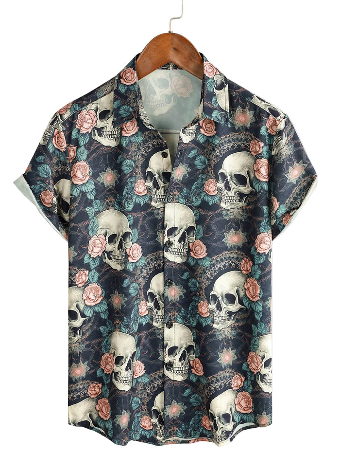 Summer Cotton Shirt with Short Sleeve for Men with Punk Rock Skull