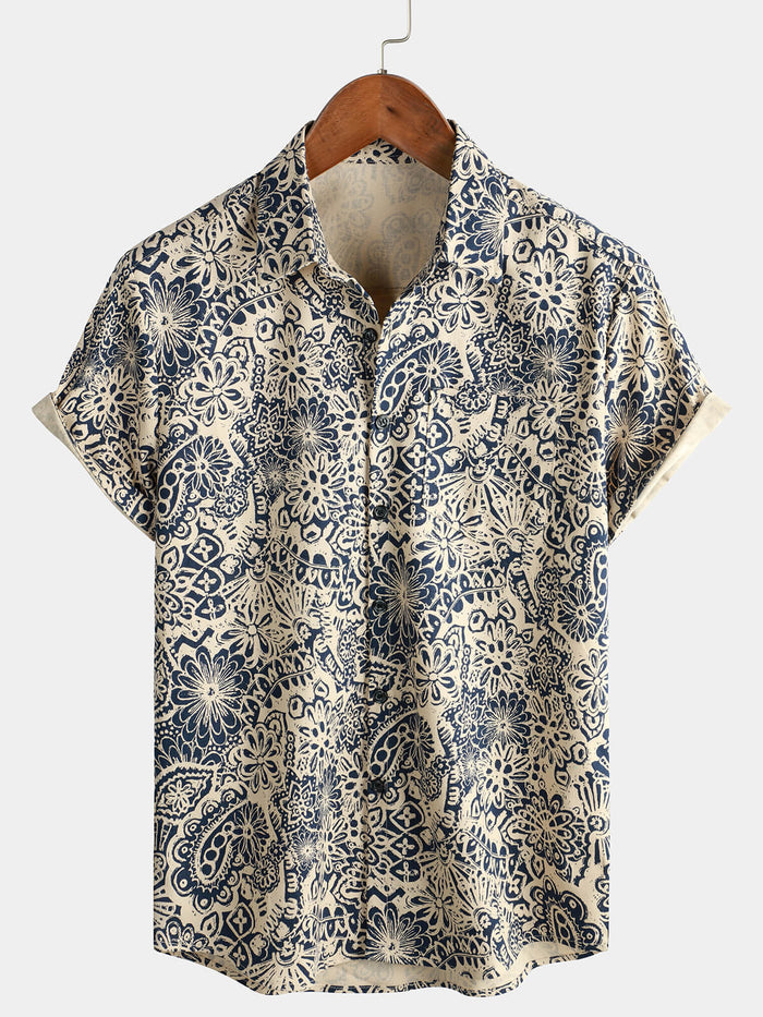 Vintage Button-Up Shirt, 1970s Paisley Print with Retro Floral Pocket