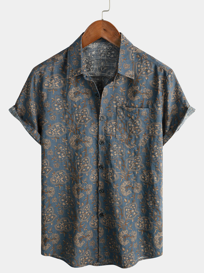 Retro 70s Paisley Vintage Floral Button-Up Beach Shirt, Short Sleeves