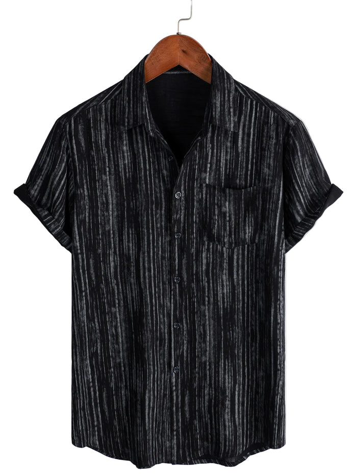 Men's Breathable Cotton Short-Sleeve Shirt with Pocket in Black Stripes