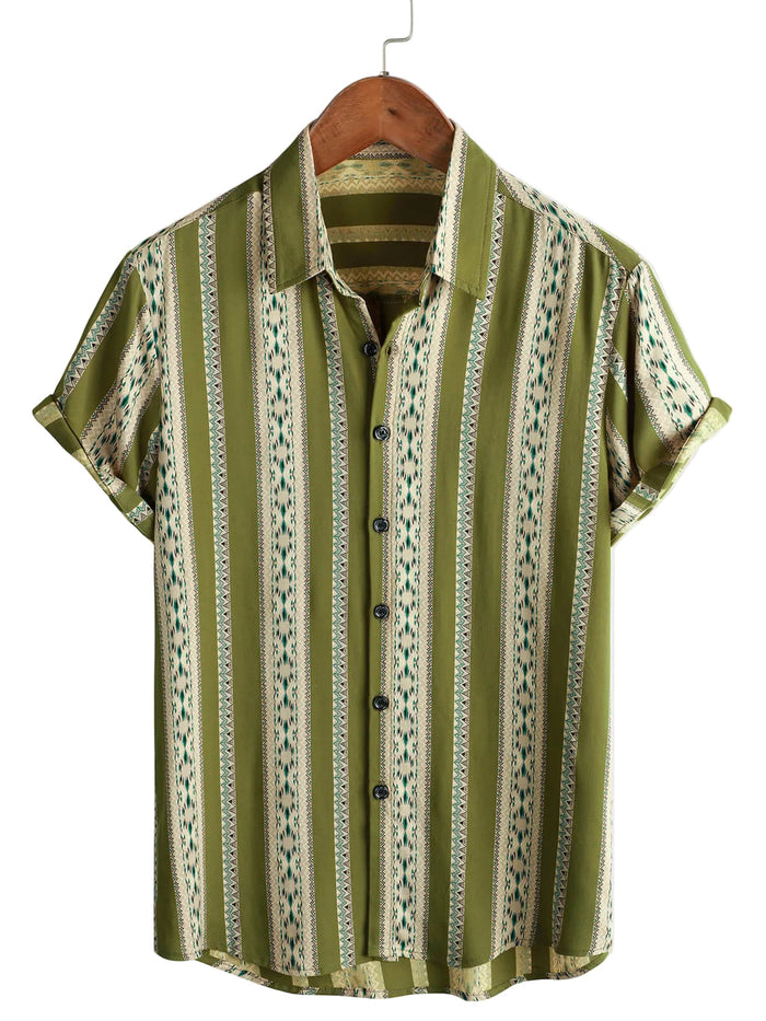 Retro Cotton Shirt with Buttons for Men with 70s Aztec Pattern in Green Stripes and Short Sleeves