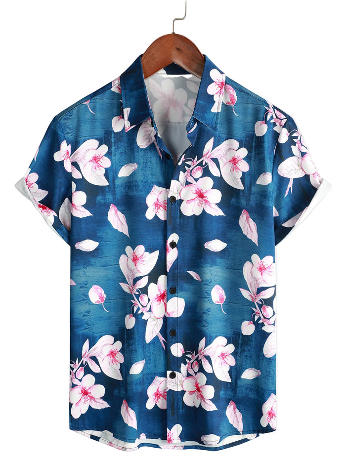 Casual Shirt with Short Sleeves, Floral Pattern for Men, Buttons, Spread Collar, Navy, Summer