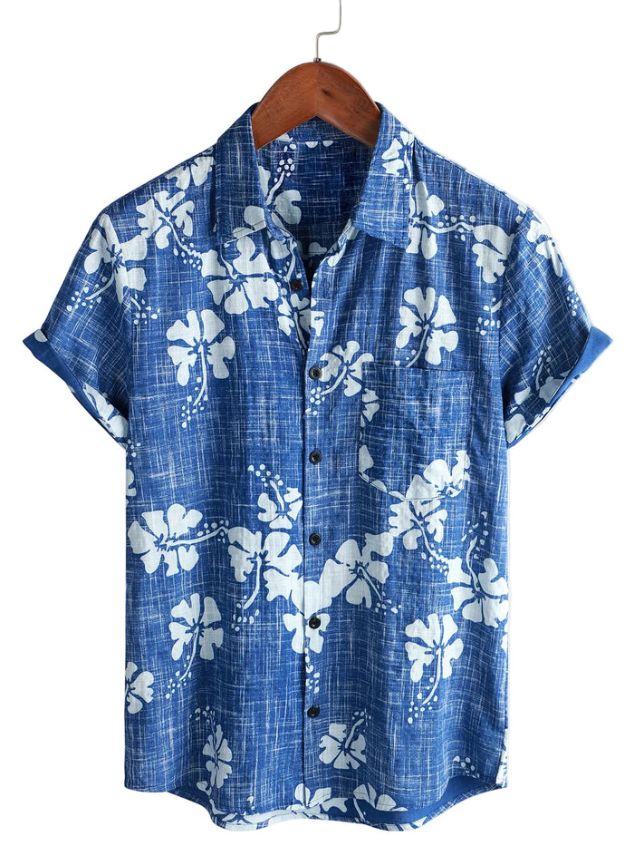 Men's Hawaiian-Style Cotton Short-Sleeve Shirt with Blue Floral Print and Buttons