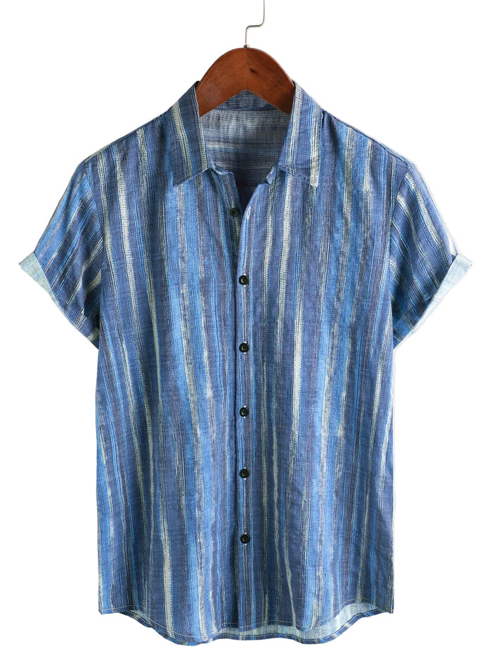 Men's Retro-Style Short-Sleeve Shirt in Blue Stripes