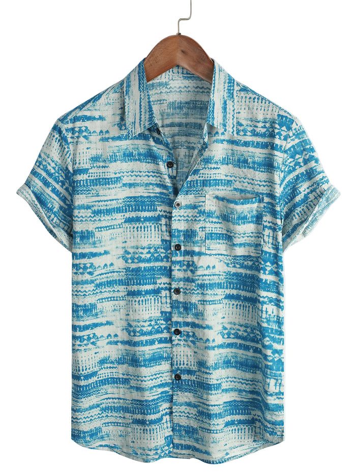 Men's Vintage Cotton Shirt with Short Sleeve in Blue Color