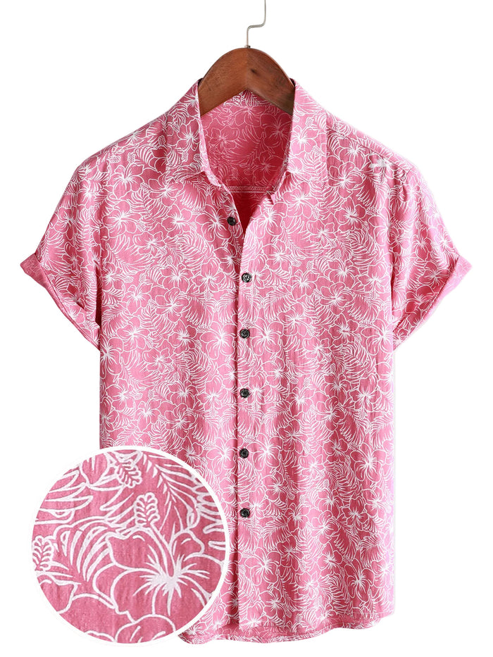 Men's Hawaiian-Style Short-Sleeve Shirt with Pink Buttons