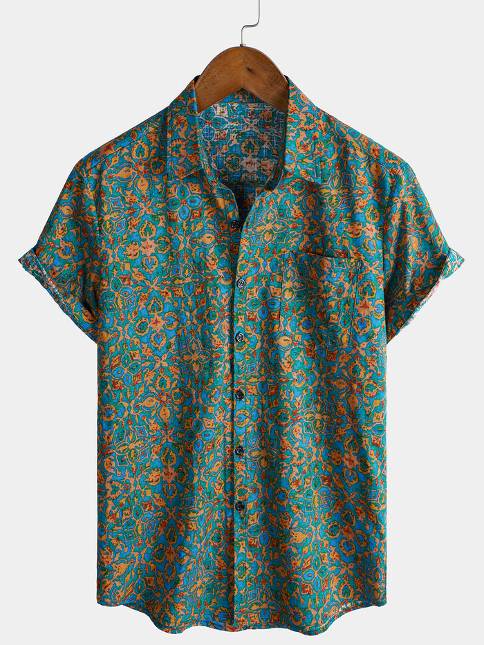 Button-Up Short Sleeve Shirt with Pockets, Retro Style, Abstract