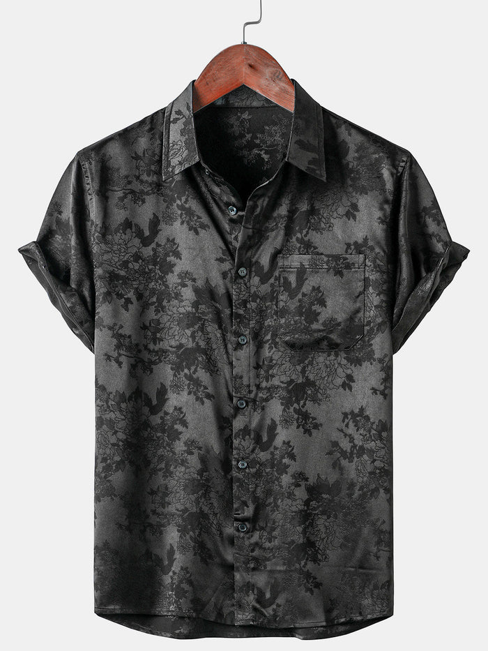Casual Jacquard Shirt with Floral Pocket, Short Sleeves