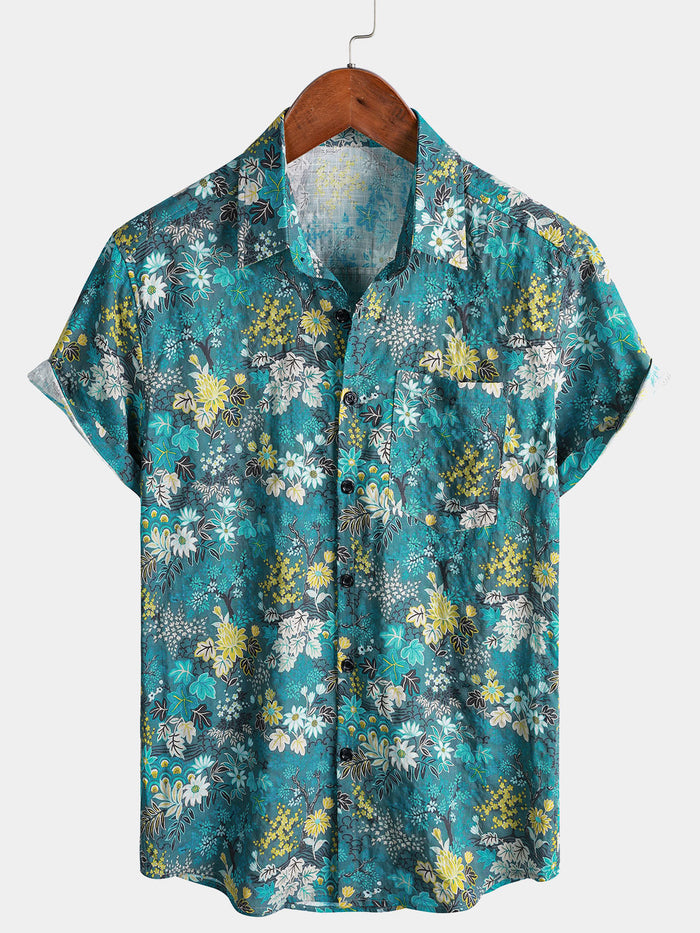 White and Yellow Hawaiian Tropical Floral Print Short Sleeve Shirt with Chest Pocket