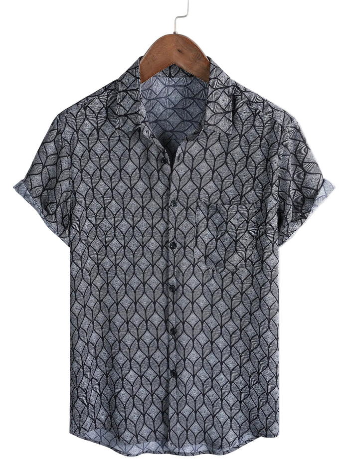 Men's Cotton Short-Sleeve Shirt with Pocket in Retro Geometric Pattern