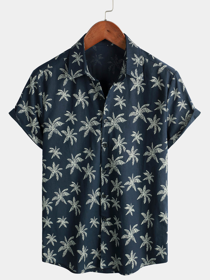 Button-Up Hawaiian Navy Palm Print Short Sleeve Shirt