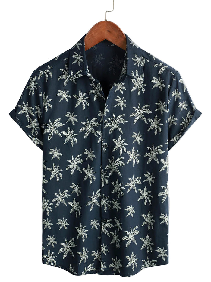 Cotton Hawaiian Shirt with Short Sleeves, Palm Pattern for Men