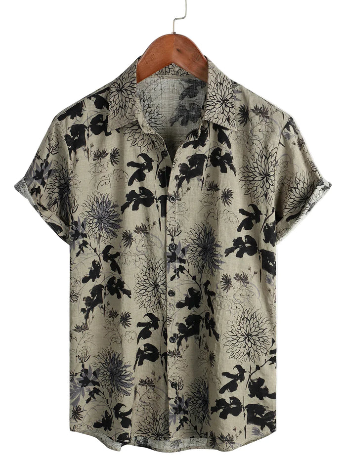 Men's Vintage Cotton Shirt with Short Sleeve in Retro Floral Pattern