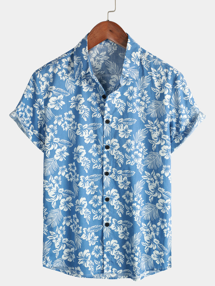 Tropical Blue Leaves Button-Up Short-Sleeve Beach Shirt, Aloha Resort