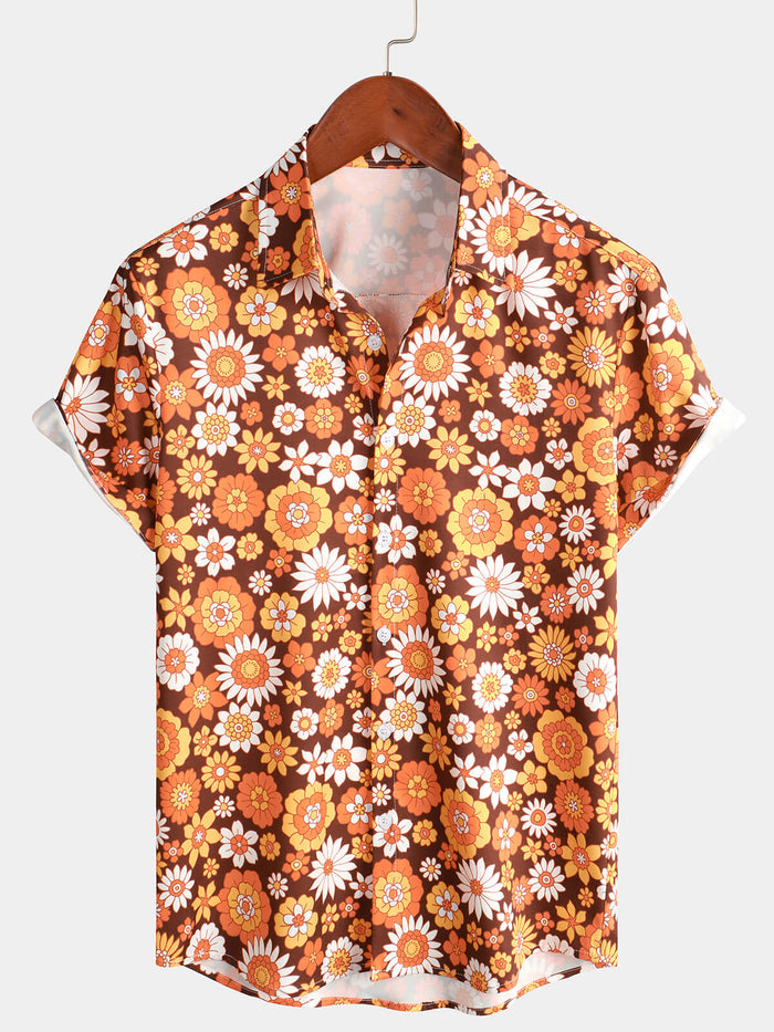 Vintage Floral Button-Up Short-Sleeve Beach Disco Summer 70s Retro Hawaiian Shirt