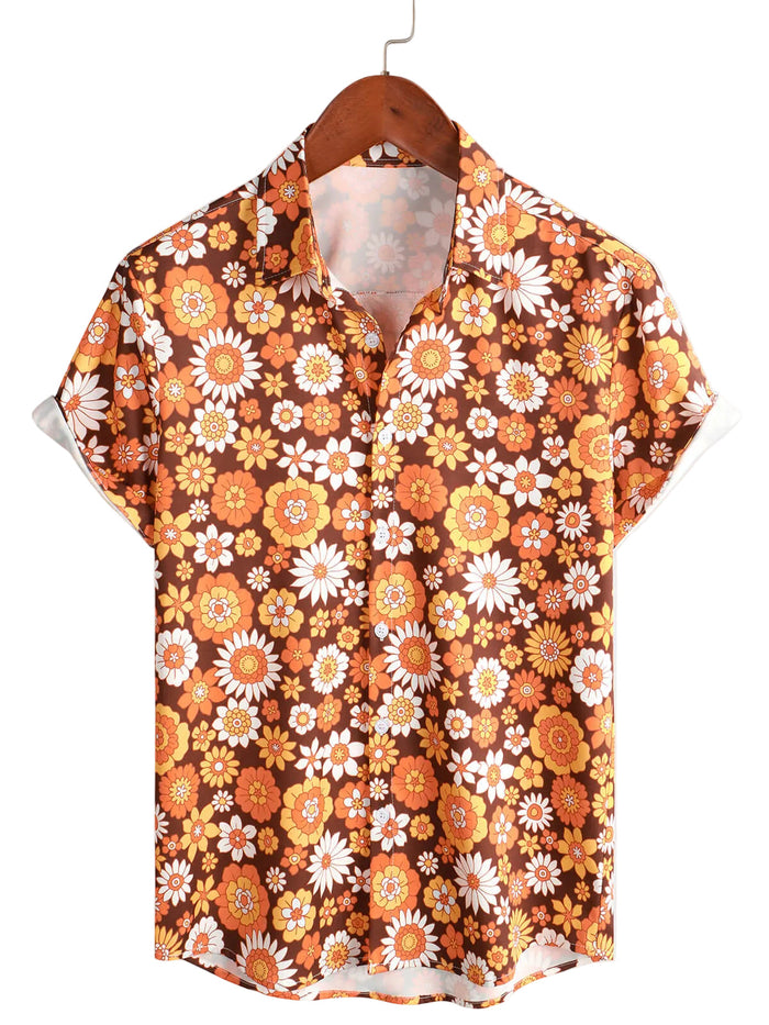 Summer Cotton Shirt with Short Sleeves, Vintage Floral Buttons for Men, 70s Disco Theme