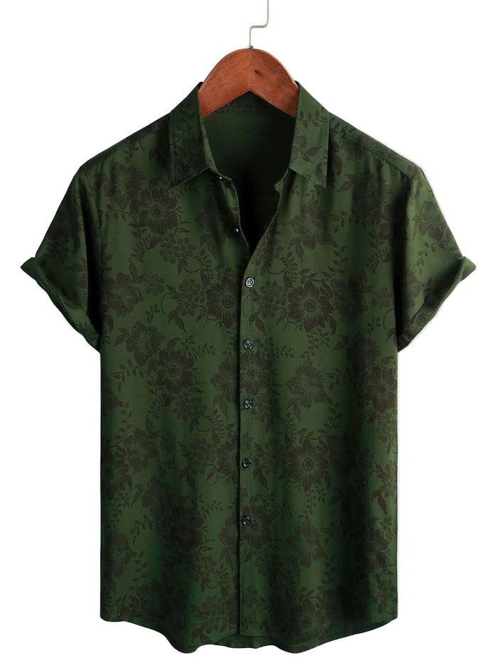 Men's Vintage Hawaiian Style Shirt with Short Sleeve, Green Floral for Vacation at the Beach