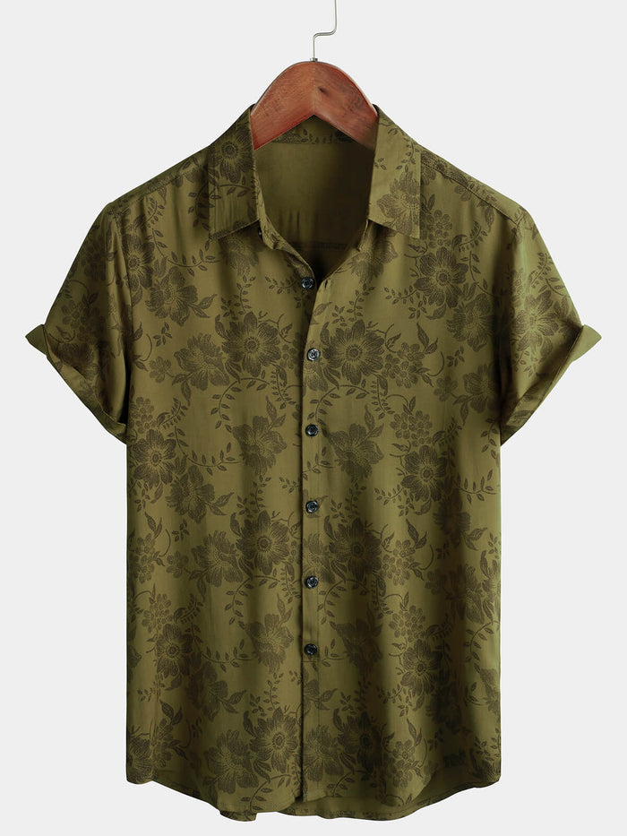 Vintage Green Floral Button-Up Short Sleeve Summer Shirt