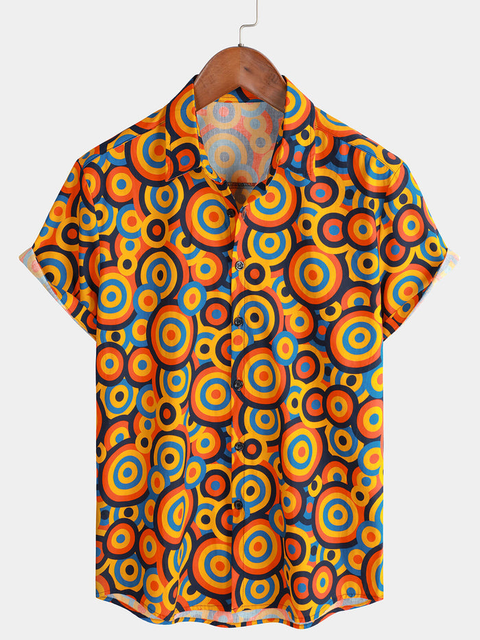 Retro Orange Button-Up Shirt, 1970s Vintage Geometric Circle Print