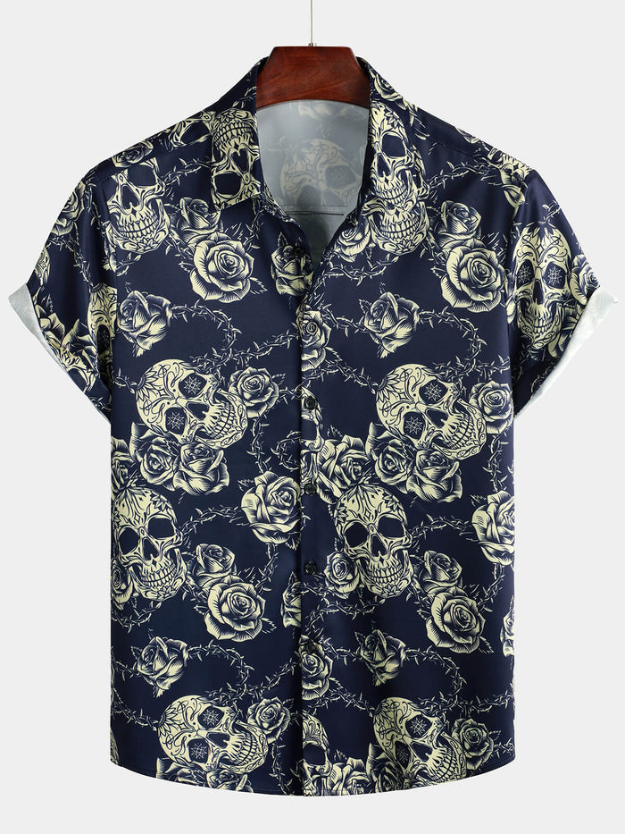 Button-Up Short Sleeve Shirt with Vintage Rose Rock Skull Print