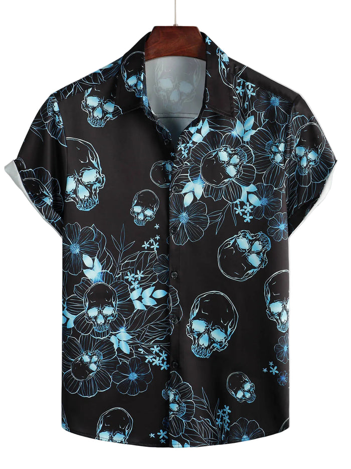 Men's Blue Casual Cotton Short-Sleeve Shirt with Floral Skull Buttons