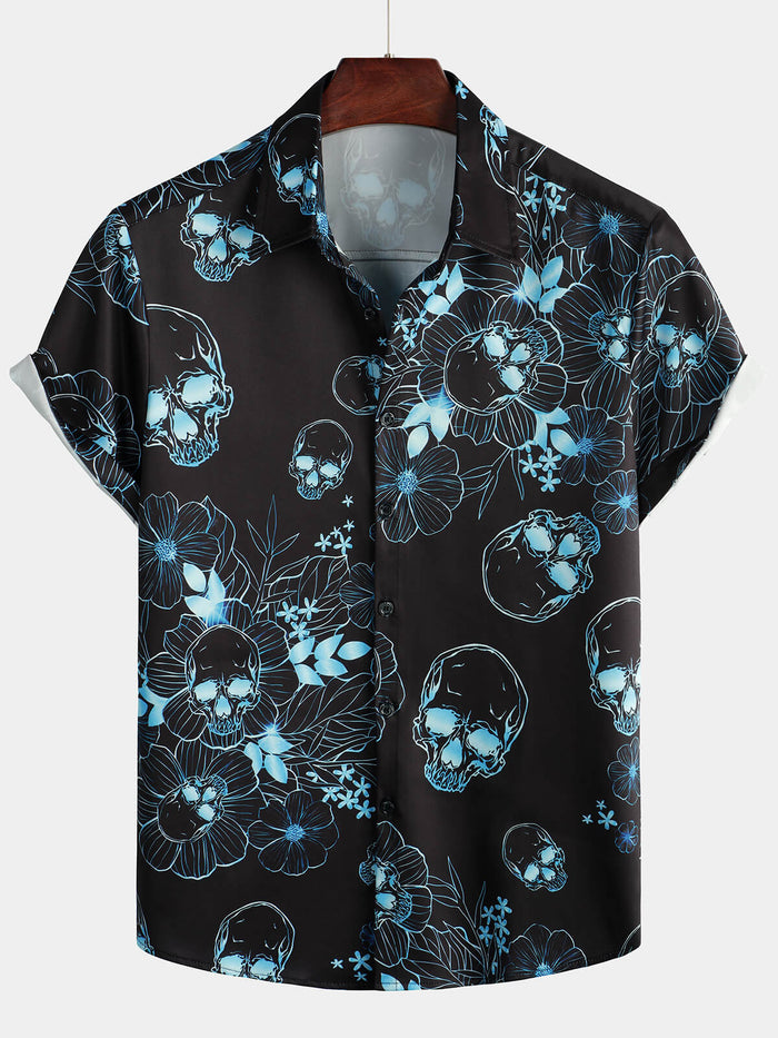 Casual Shirt, Short Sleeves, Blue Floral Skull Print, Cool Button