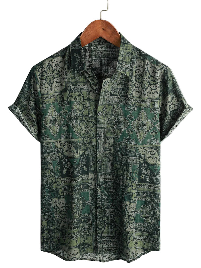 Men's Cotton Shirt in Retro Floral Paisley Pattern, Green, Short Sleeves