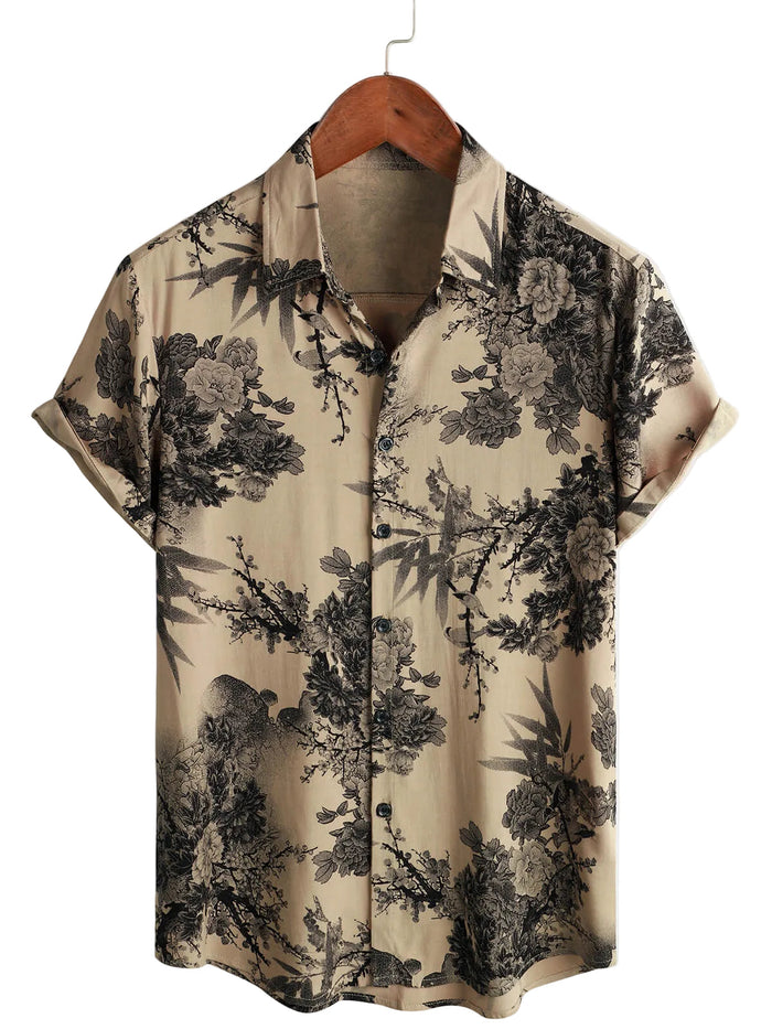 Summer Hawaiian-Style Vintage Cotton Shirt with Floral Pattern for Men, Short Sleeves
