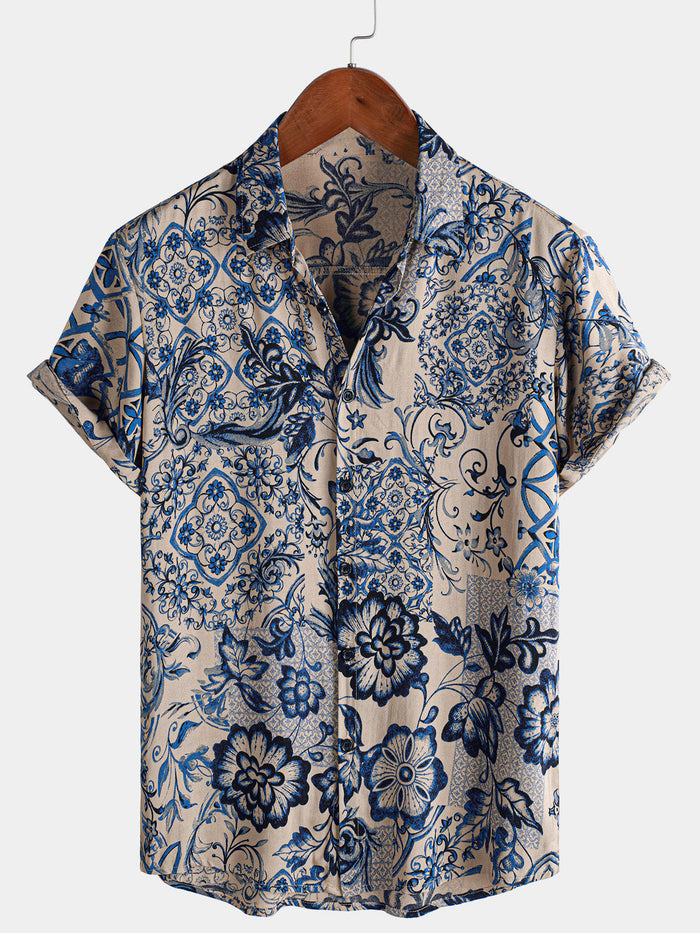 Hawaiian Short-Sleeve Shirt, Floral Motif, Perfect for Beach or Summer