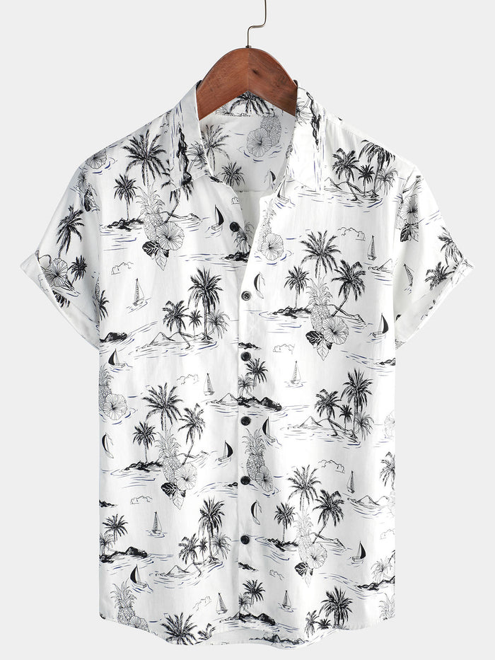 White Aloha Hawaiian Short Sleeve Shirt with Tropical Palm and Pineapple Print