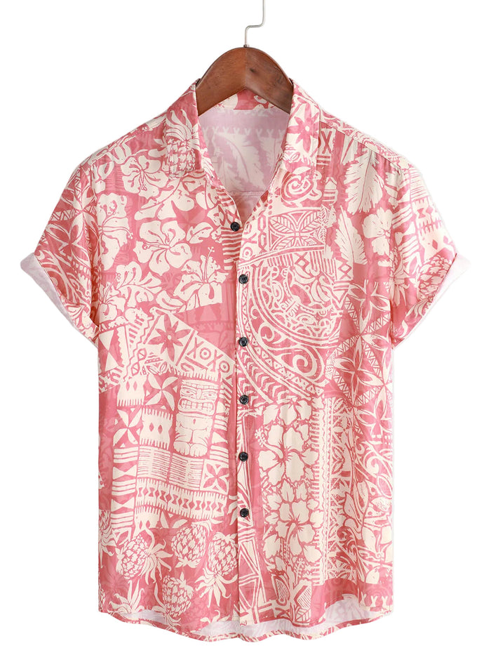 Men's Pink Hawaiian-Style Cotton Short-Sleeve Shirt with Floral Pattern
