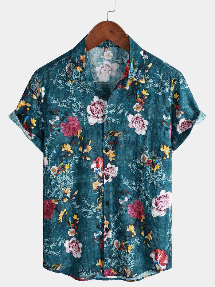 Blue Short Sleeve Retro Floral Print Shirt
